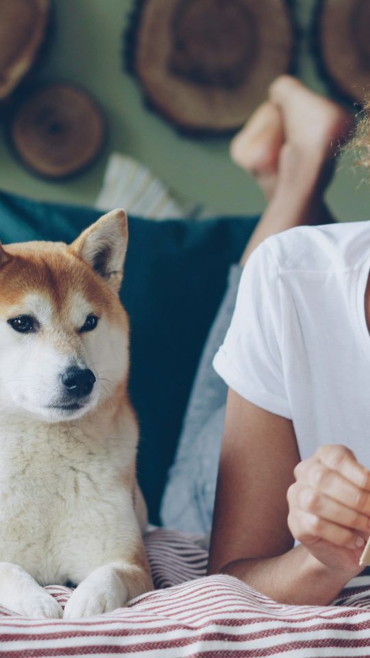 Woman reads a book on bed with her dog.