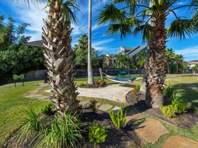 Landscaped courtyard with a hammock and palm trees at Anchor at South Shore in League City, TX