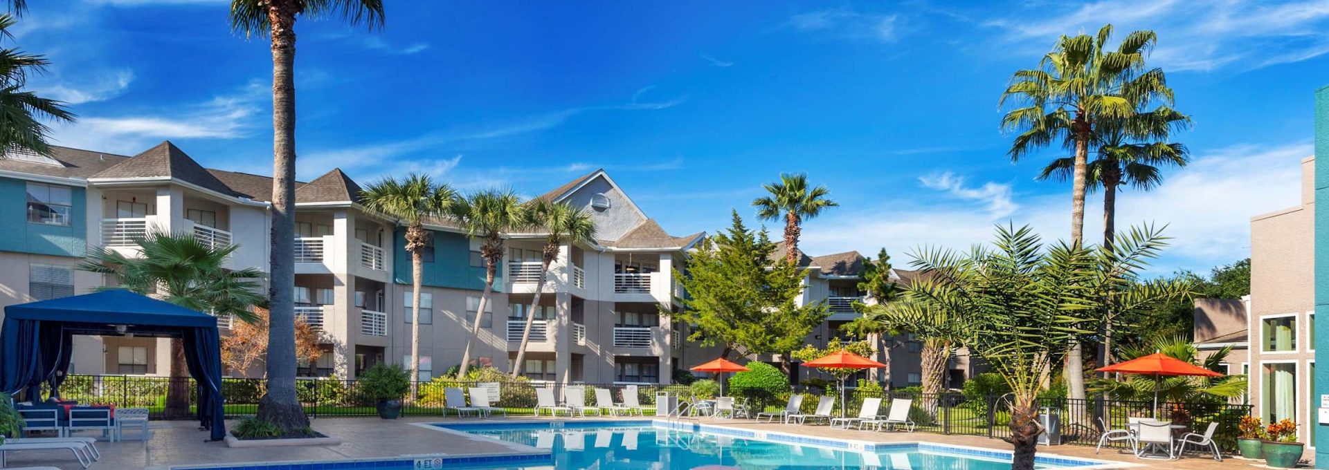 Resort-style swimming pool framed by palm trees and blue sky at Anchor at South Shore in League City, TX