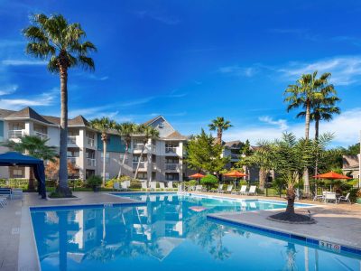 Resort-style swimming pool framed by palm trees and blue sky at Anchor at South Shore in League City, TX