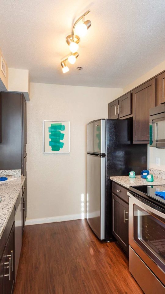 Apartment kitchen with granite countertops, stainless steel appliances and wood flooring at Anchor at South Shore in League City, TX