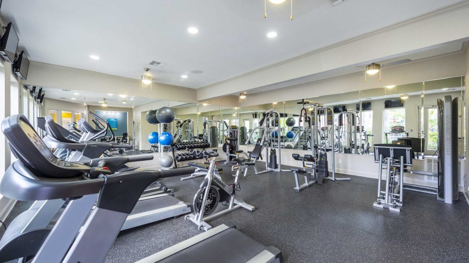 Enhanced 24-hour fitness center with cardio machines and free weights at Anchor at South Shore in League City, TX