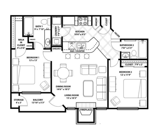 floor plan of a two bedroom apartment at The Westmount at Three Fountains