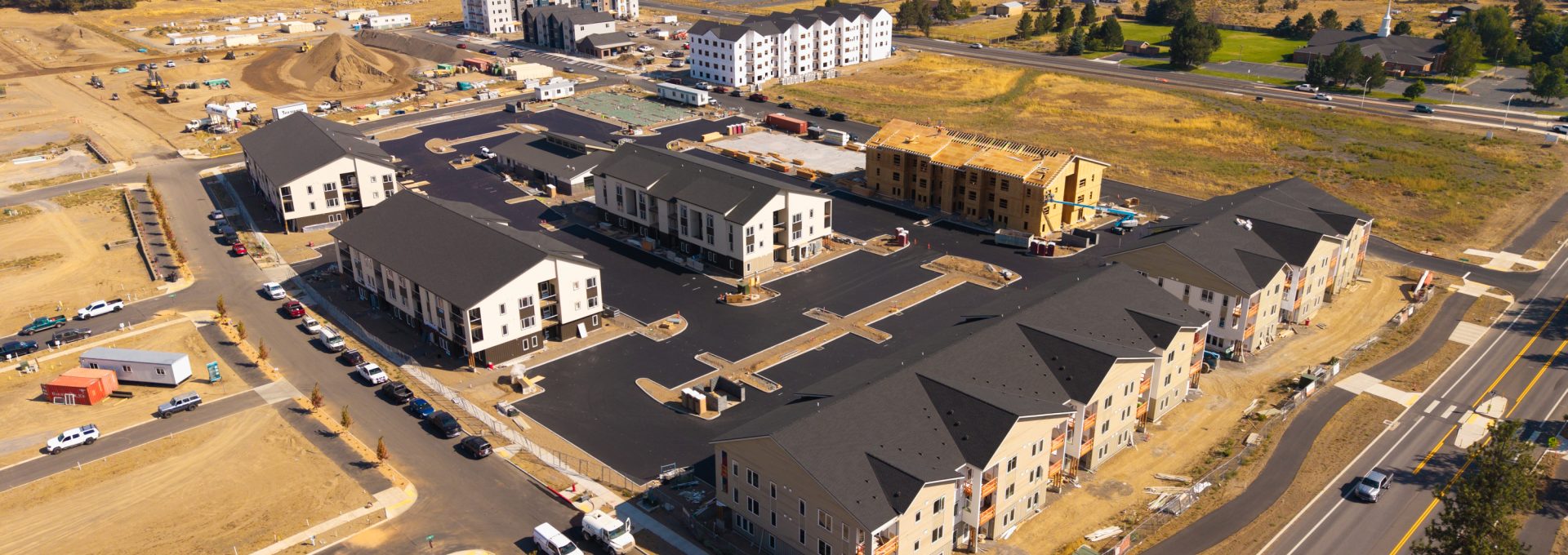 Aerial photo of Lamont at Easton under construction, showing completed and framed buildings in SE Bend, OR