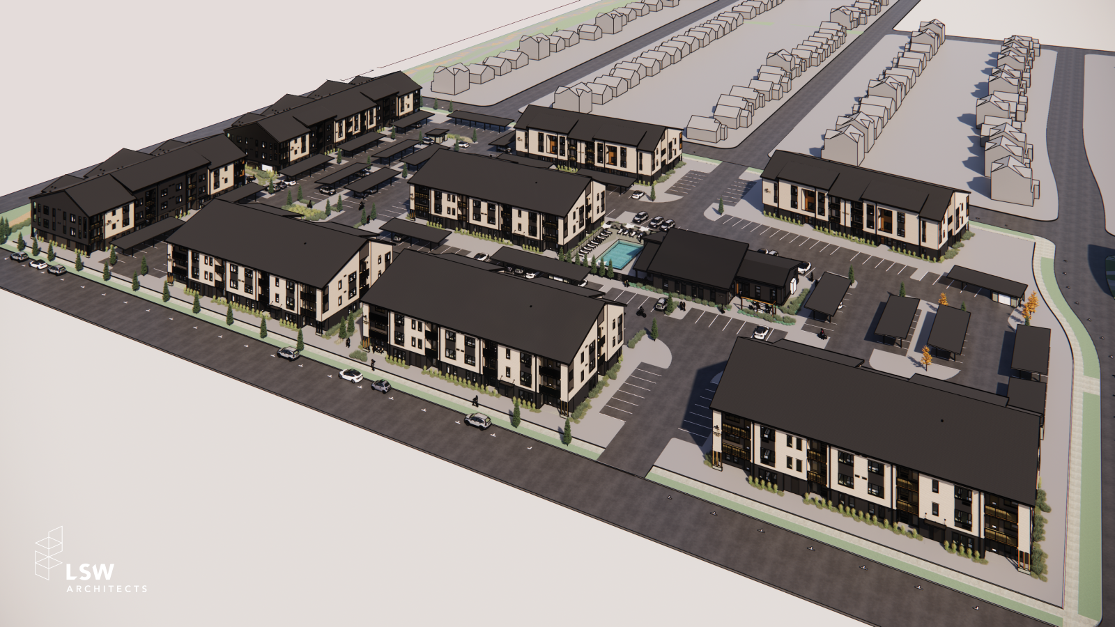 Aerial rendering of the Lamont at Easton community site plan, showing residential buildings, pool, and clubhouse in SE Bend, OR