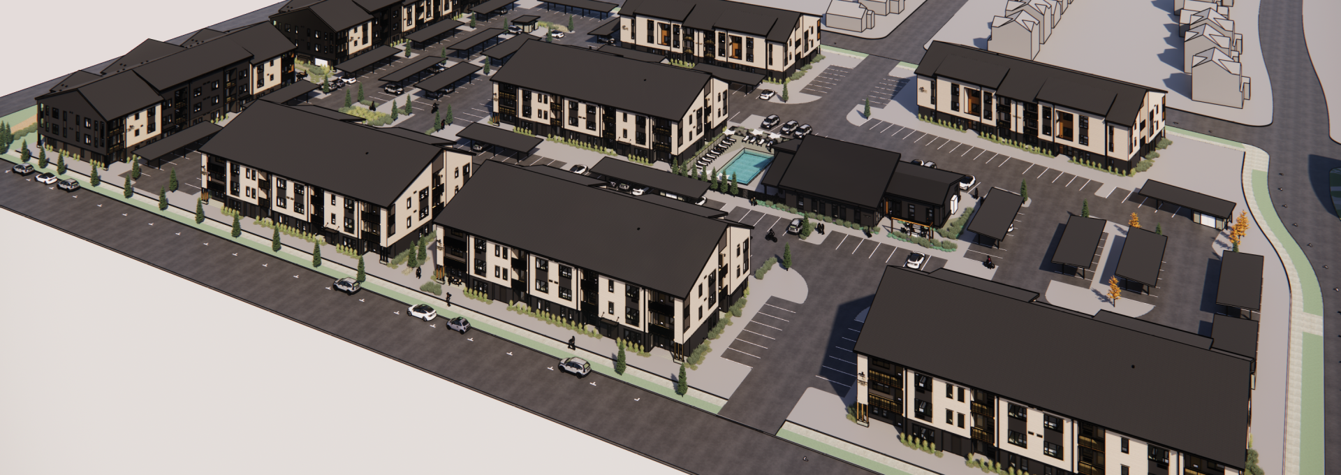 Aerial rendering of the Lamont at Easton community site plan, showing residential buildings, pool, and clubhouse in SE Bend, OR