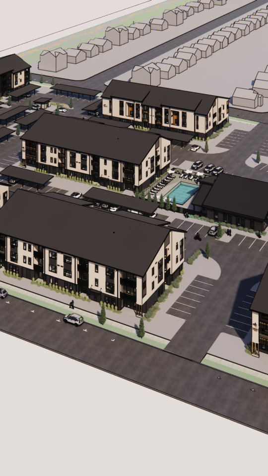 Aerial rendering of the Lamont at Easton community site plan, showing residential buildings, pool, and clubhouse in SE Bend, OR