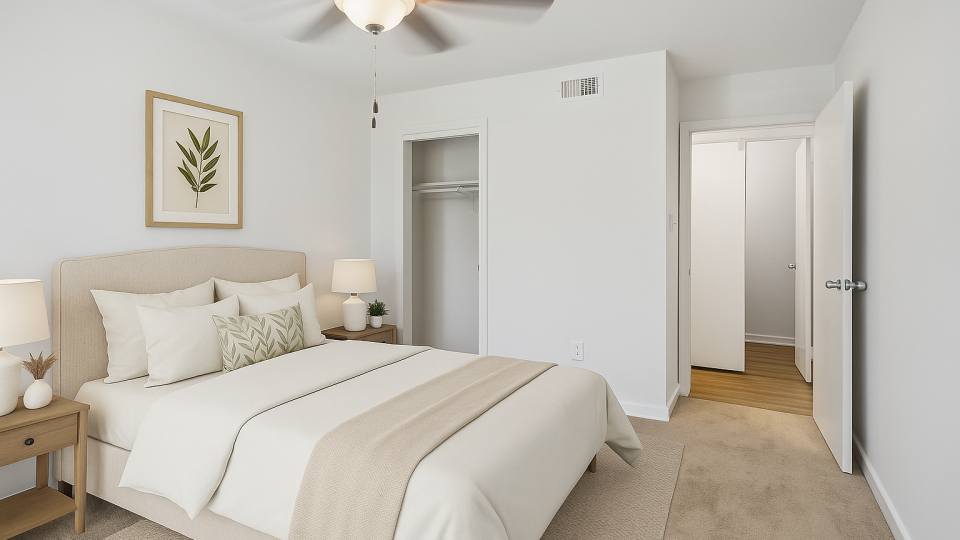 a bedroom with a white bed and white walls