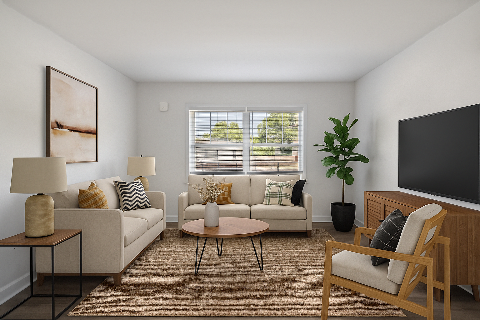 a living room filled with furniture and a window