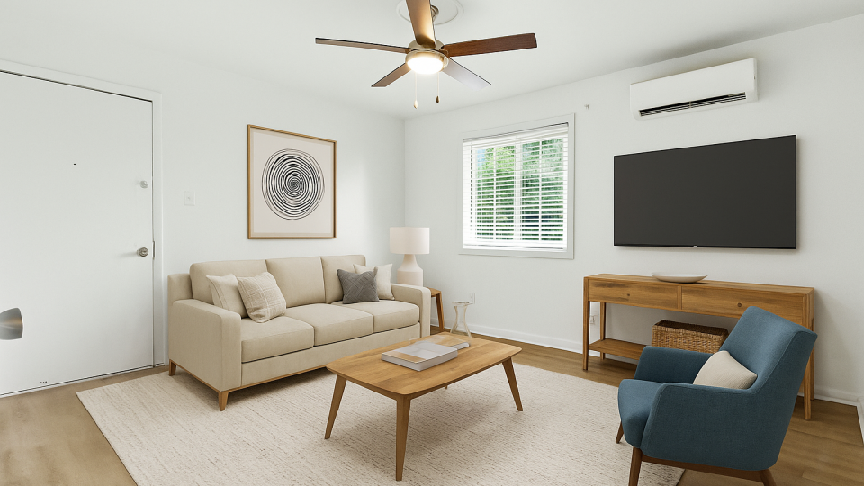 a living room filled with furniture and a large window