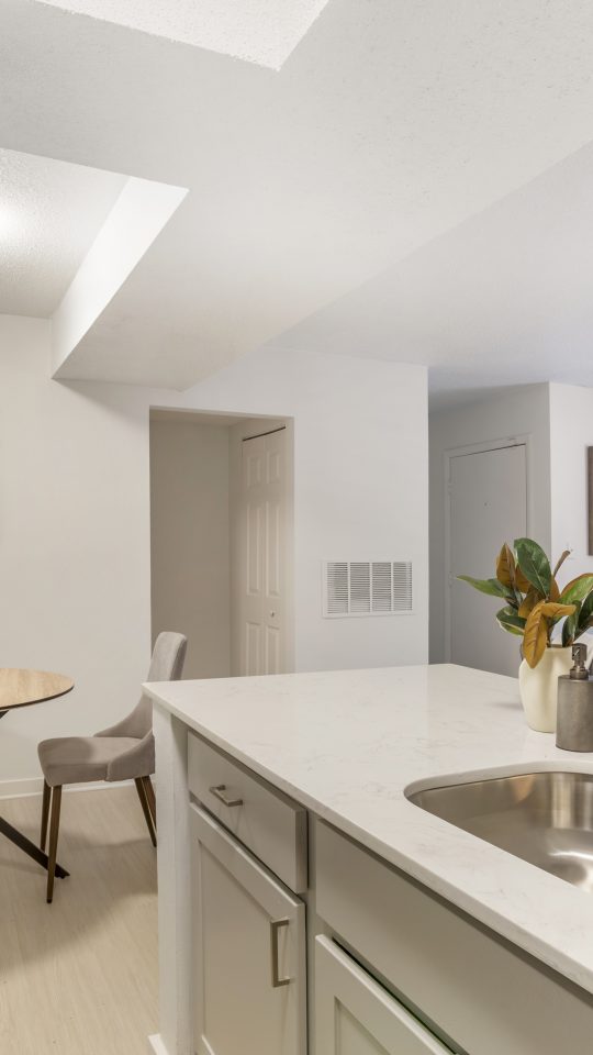 a kitchen with a sink and a table in it at The  Monte