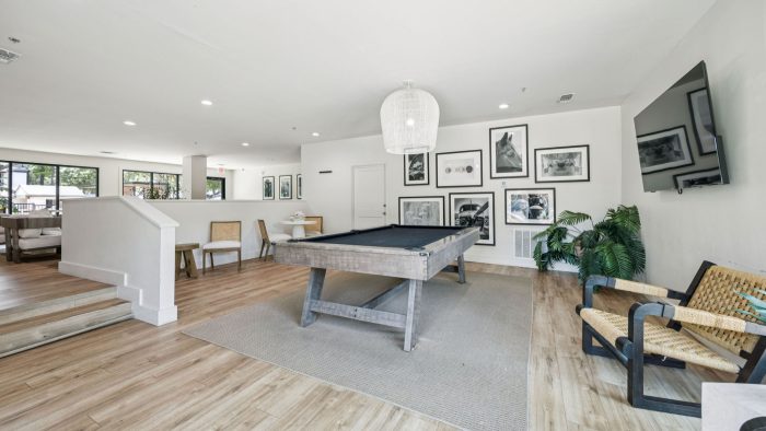 a pool table in a living room with a couch and chairs at The  Monte