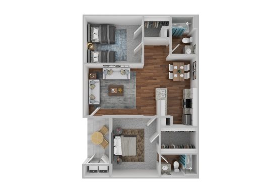 a 3d rendering of a two bedroom apartment at The  Adalene