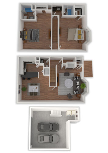a 3d rendering of a two bedroom townhome with a two car garage at The Lakebridge Townhomes