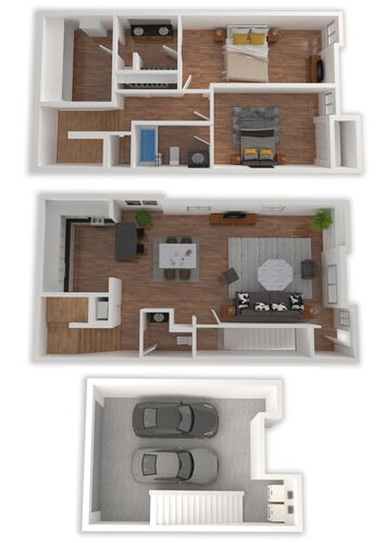 A 3d rendering of a 2 bedroom townhome with a 2 car garage at The Lakebridge Townhomes