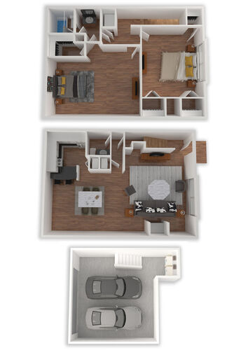 a floor plan of a two bedroom townhome with a 2 car garage at The Lakebridge Townhomes