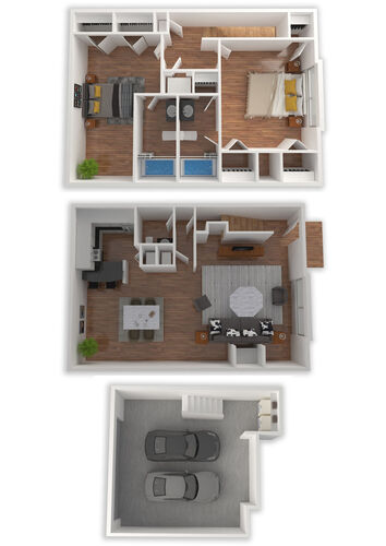 a 3d floorplan of a two bedroom and two car garage townhome at The Lakebridge Townhomes