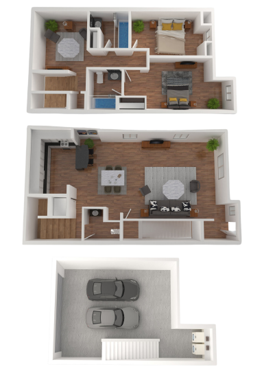 a 3d rendering of a two bedroom thownhome with a two car garage at The Lakebridge Townhomes
