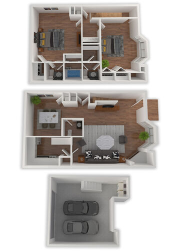 a 3d rendering of a two bedroom townhome with two car garage at The Lakebridge Townhomes