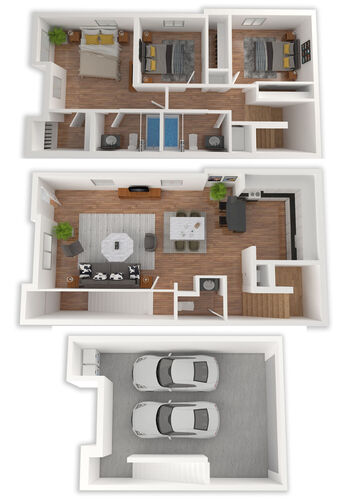 a 3d rendering of a two bedroom townhome wiht 2 car garage at The Lakebridge Townhomes