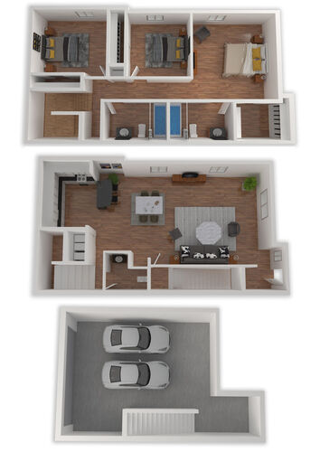 a 3d floorplan of a three bedroom townhome with a two car garage at The Lakebridge Townhomes
