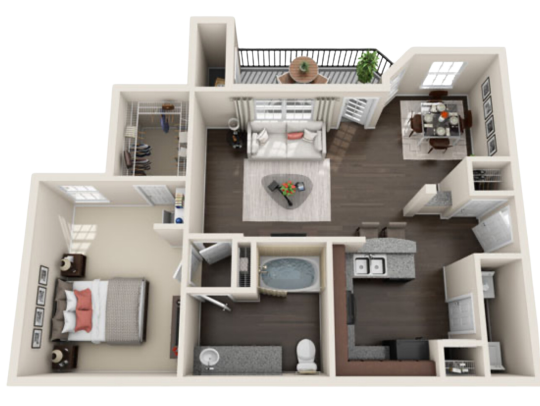 a 3d rendering of a two bedroom apartment at The  Pines on Spring Rain