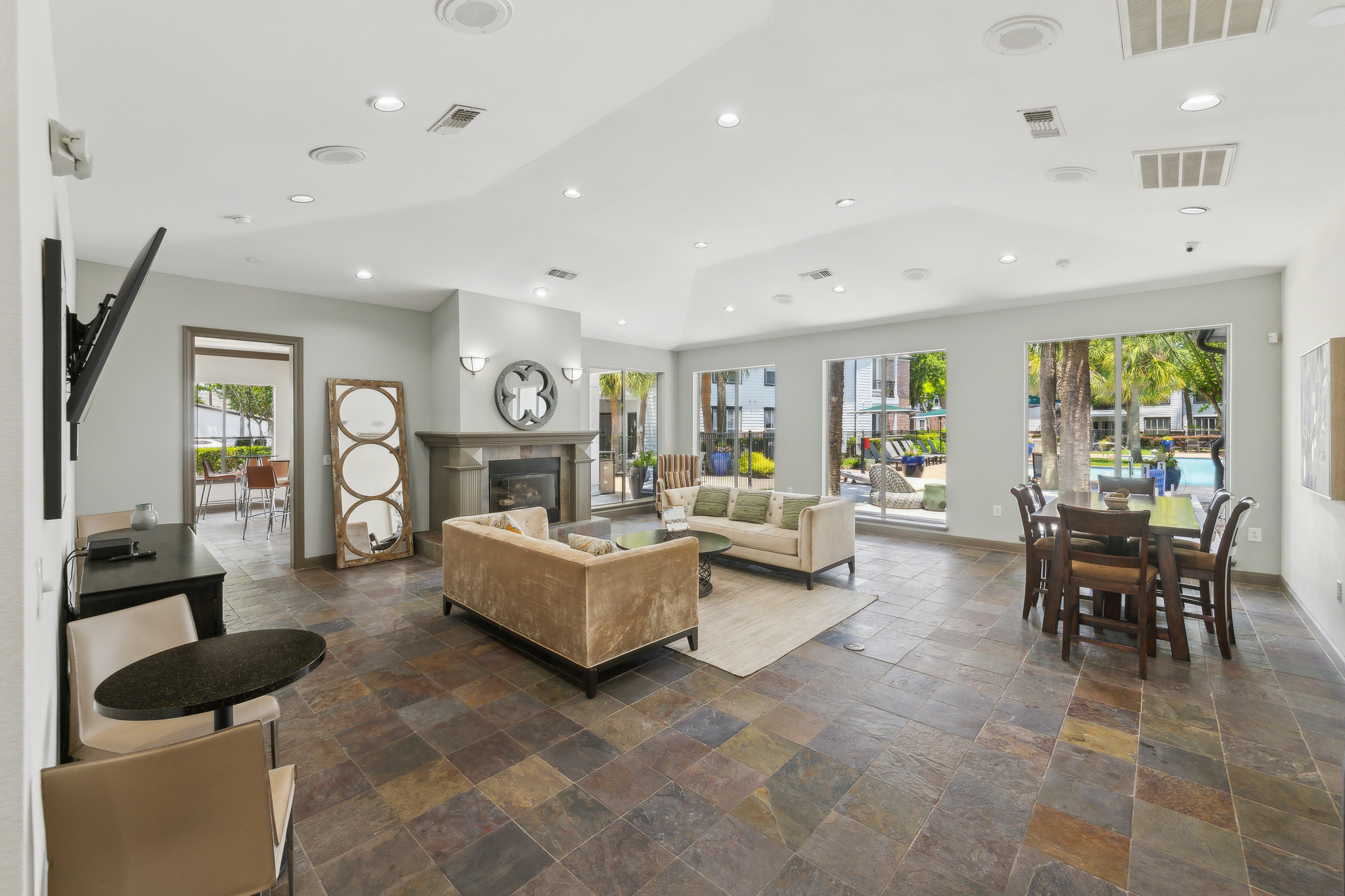 the living room has tile flooring and a fireplace at The  Boulevard at Deer Park