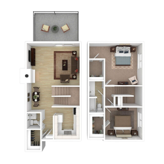 a 3d floor plan of a two bedroom apartment at The Windchase Flats and Townhomes