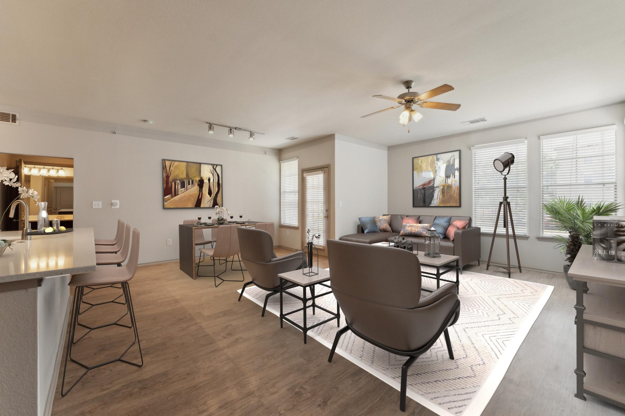 a 3d rendering of a living room and kitchen at The Wyatt at Presidio Junction