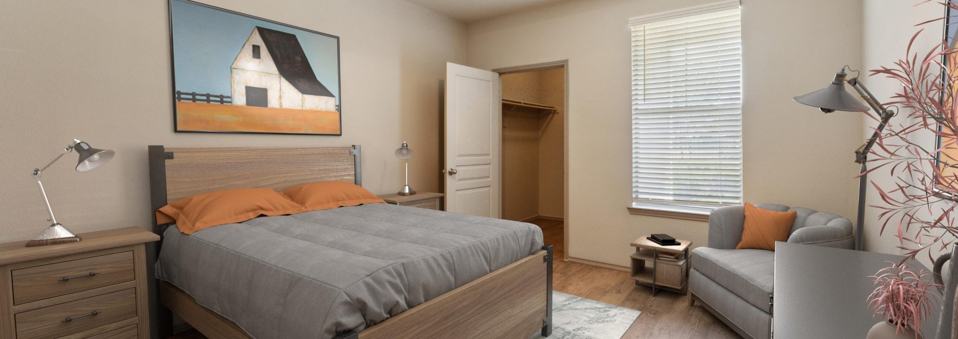 a bedroom with a bed, dresser, and nightstand at The  Wyatt at Presidio Junction