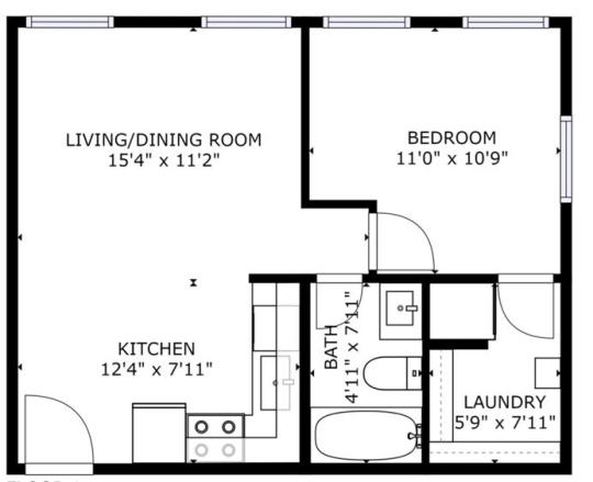 a floor plan for a one bedroom apartment at The Flamingo