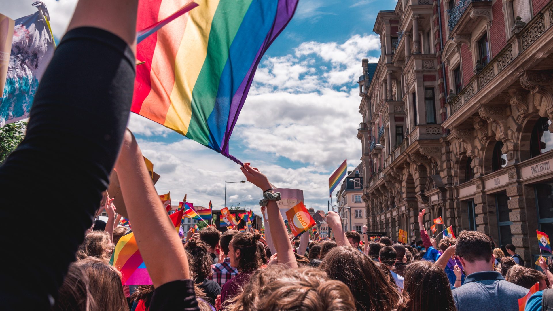 a crowd of people holding up rainbow flags at The Flamingo