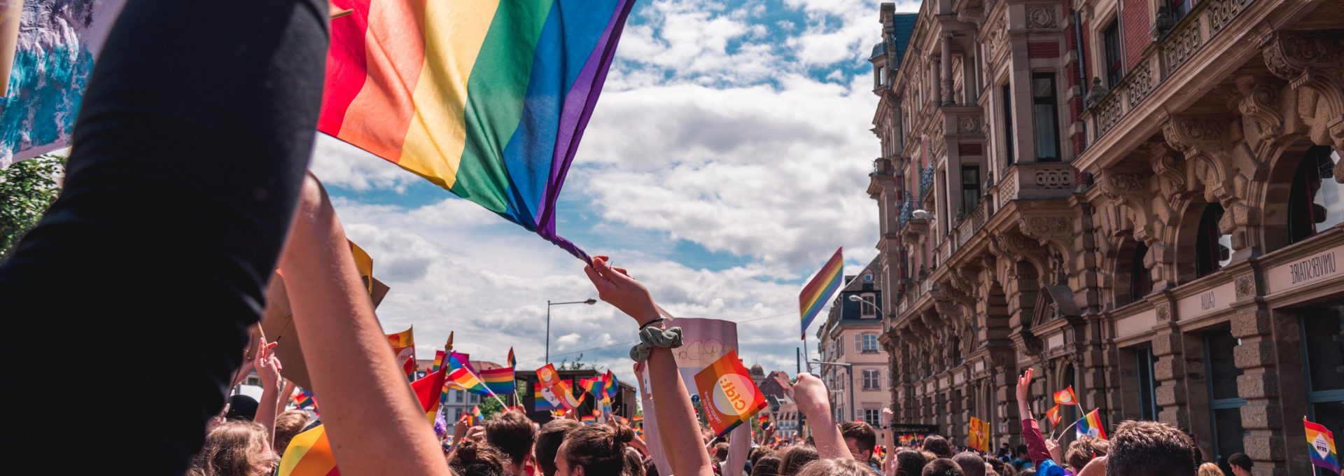 a crowd of people holding up rainbow flags at The Flamingo