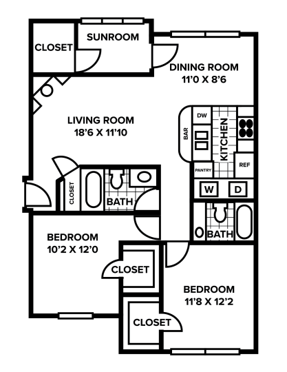 floor plan of a two bedroom apartment at The Huntington Brook