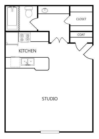 the floor plan for a studio apartment at The Villa Del Rio