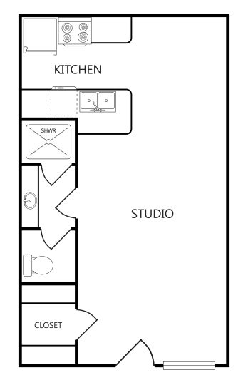the floor plan for a studio apartment at The Villa Del Rio