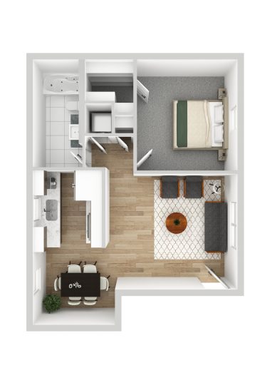 This image depicts a spacious, modern apartment with a well-organized layout. The main area features a dining table set for a meal, surrounded by chairs, and a cozy living room with a sofa and coffee table. The kitchen is equipped with sleek white cabinets and stainless-steel appliances. A bedroom with a large bed and nightstands is visible, along with a bathroom featuring a bathtub and shower. The overall design is contemporary and inviting, emphasizing comfort and functionality.