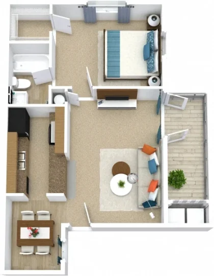 A1 1 bedroom and 1 bathroom apartment 3D floorplan at The Woodlands