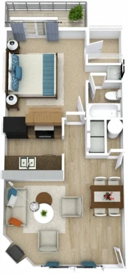 A2 1 bedroom and 1 bathroom apartment 3D floorplan at The Woodlands