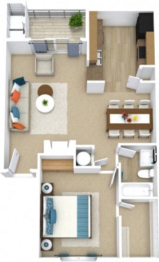 A3 1 bedroom and 1 bathroom apartment 3D floorplan at The Woodlands