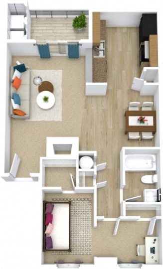A1 1 bedroom and 1 bathroom apartment 3D floorplan at The Woodlands