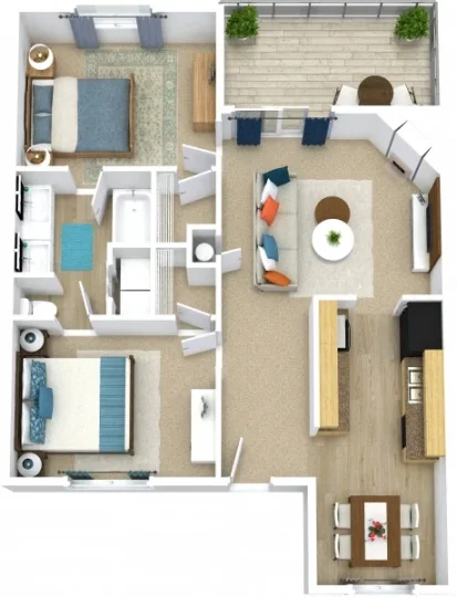 B1 2 bedroom and 1 bathroom apartment 3D floorplan at The Woodlands