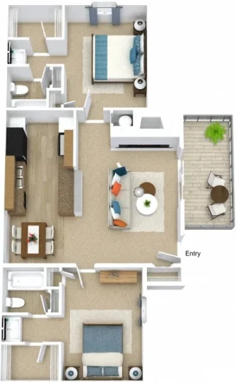 B2 2 bedroom and 2 bathroom apartment 3D floorplan at The Woodlands