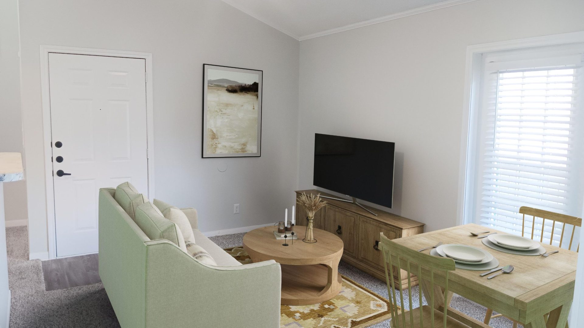 Virtually staged apartment living room at The Woodlands