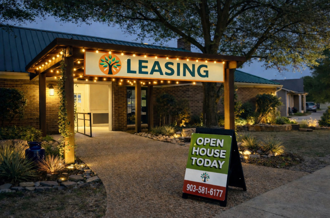 Front entrance to The Woodlands Apartments leasing office