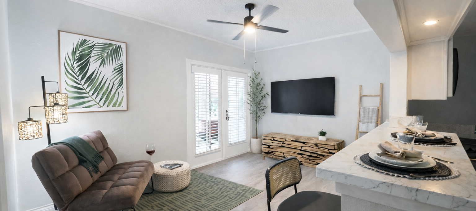 Furnished apartment living room and kitchen at The Woodlands