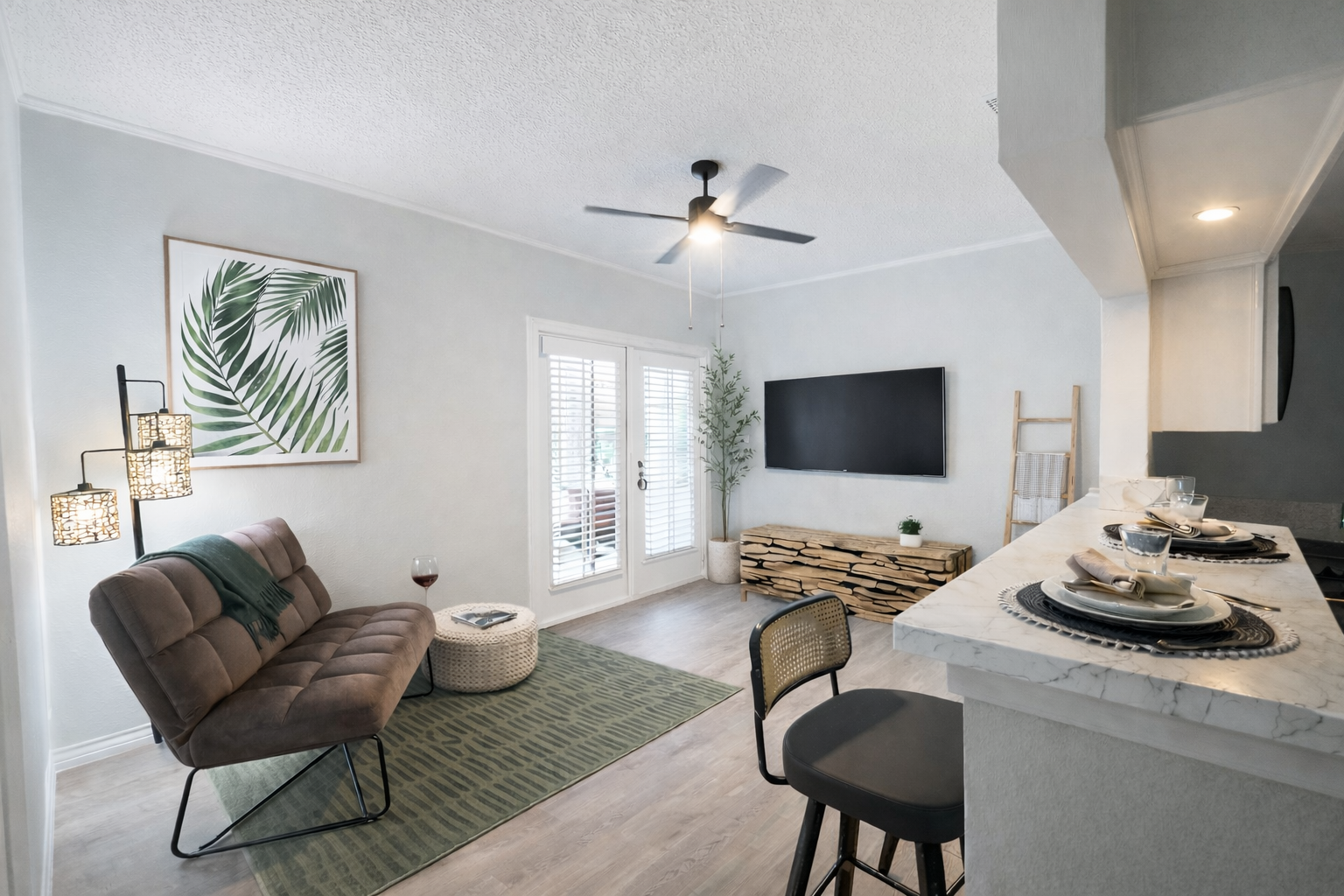 Furnished apartment living room and kitchen at The Woodlands