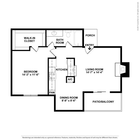 floor plan for the two bedroom apartment at The Caldera Apartments