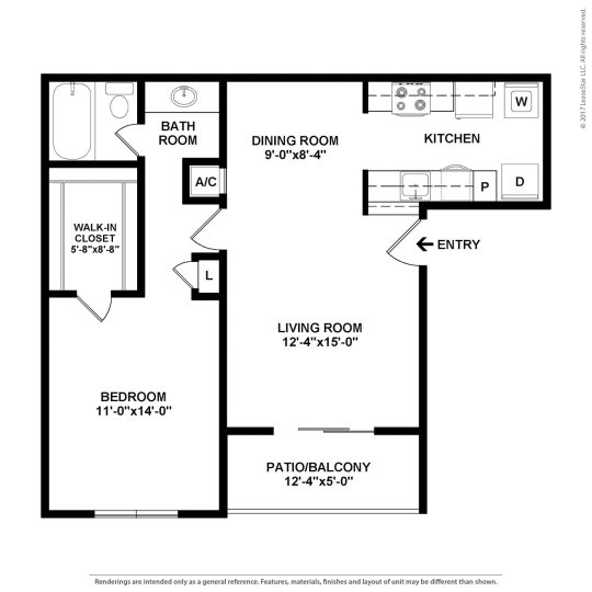 floor plan for the one bedroom apartment at The Caldera Apartments