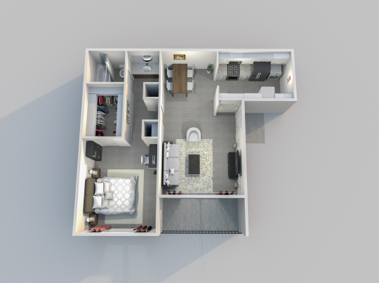 a 3d rendering of a two bedroom apartment at The Caldera Apartments